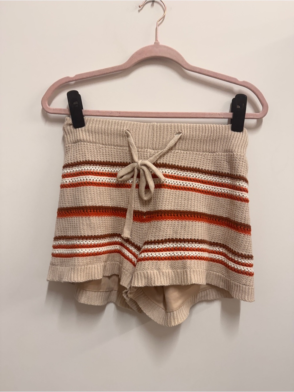 eesome Beige Knit Drawstring Shorts with Orange & White Stripes